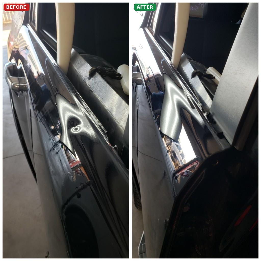 Door ding repair in Lubbock TX before and after on a black truck