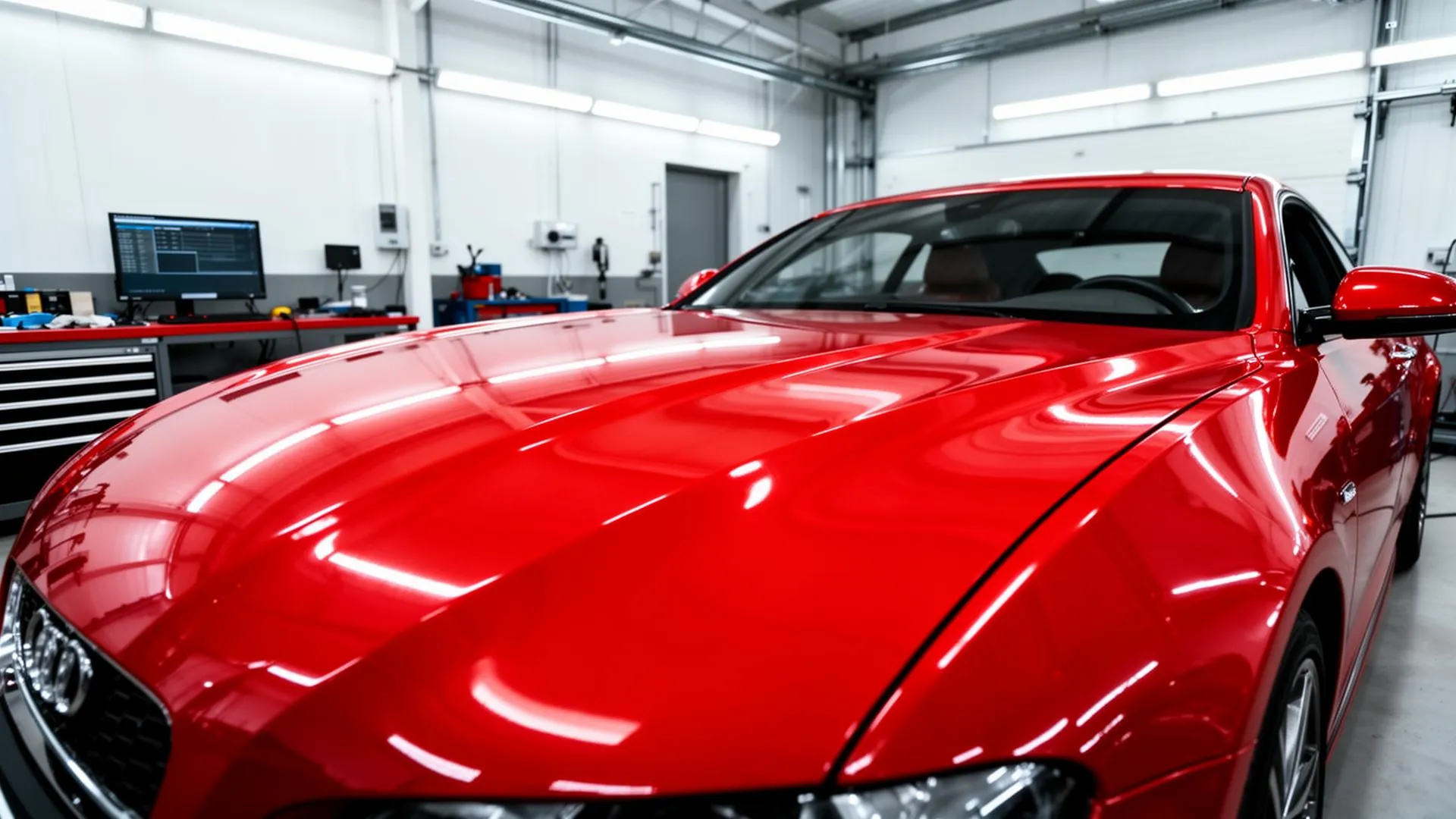 Red sedan with polished paintwork inside the Turner PDR shop in Lubbock